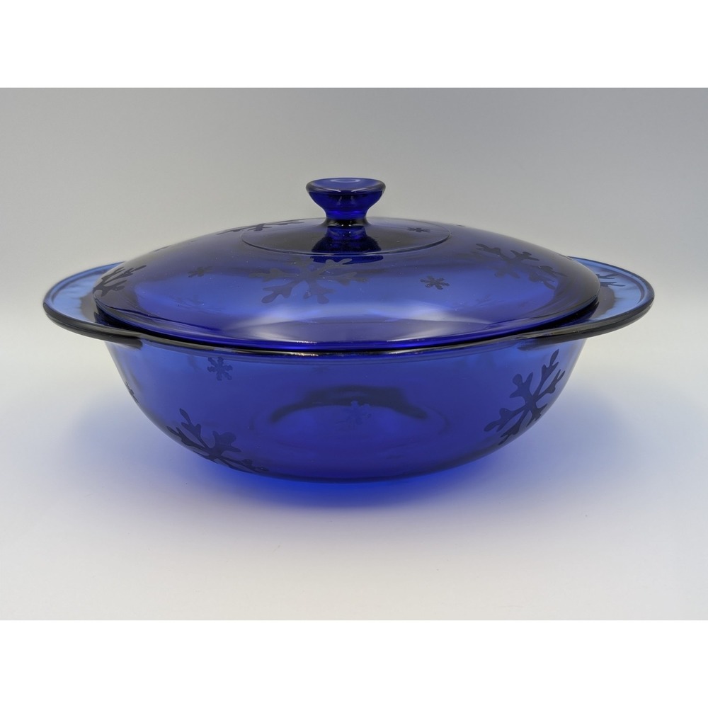 VTG Anchor Hocking Cobalt Blue SNOWFLAKE Glass 2 Qt Rd Casserole Dish w/Lid RARE